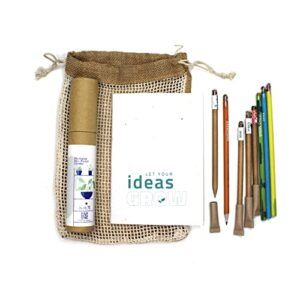 bioQ Plantable Stationery Combo, 4 Seed Pen + 4 Seed Pencil in a Box + 1 Hand-Made Seed-Paper Notepad with Eco Friendly Jute Bag Packaging
