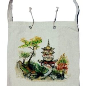 Green Pagoda | Handcrafted Canvas Sling Tote: Artfully Painted Women's Bag for Everyday Use - Ideal for Shopping, Work, and Travel! Washable and Large Capacity.