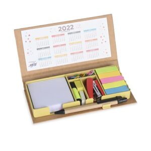 IndiaCoop Eco Friendly Stationery Kit Paper Clip Holder with Pen for Gift -2023 Calendar Notes Pages Box & Ball Pen & Stationery Kit with Sticky notes pad Memo Book Calendar highlighter eraser stapler Sticky Notes