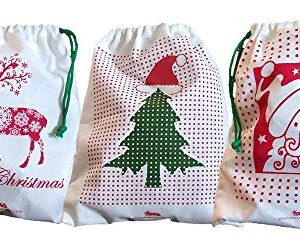 Arka Christmas Drawstring Gift Bags (Set of 3) 100% Cotton Canvas, Eco-Friendly (10 X 12 inches, off-White)