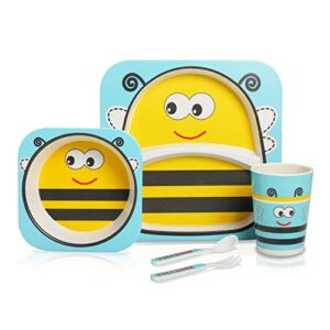 Luv Lap Bamboo Baby Tableware, Eco Friendly Bamboo Fiber Dinner Set for Weaning Toddler/Kids, Self Feeding Baby Utensil Set of 5pcs, 1 x Plate, 1 xBowl, 1 x Glass, 1 x Spoon, 1 x Fork (Bee)Multicolor