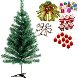 Evisha 3 Feet Long Artificial Christmas Tree and One Bell, 12 Candy, 12 Gift, 12 Red Velvet Balls, 6 Red Santa Total 42 Pcs Hanging X-Mass Christmas Decoration