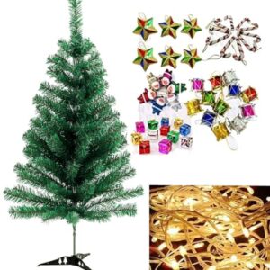 Evisha 18 Bulb Rice Light Fairy Light | 4 feet Long Artificial X-Mass Christmas Tree and 44 pcs Hangings Ornaments Christmas Tree Xmas Tree | Xmas Tree Decorations | Xmas Decorations Tree